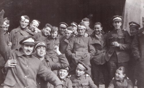 RFC Cadets of No 1 Officers Cadet Battalion  at Denham in 1916. The white band on their caps denotes the fact they have passed the course and are now Flight Cadets.