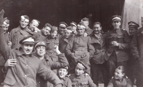 RFC Cadets of No 1 Officers Cadet Battalion at Denham in 1916. The white band on their caps denotes the fact they have passed the course and are now Flight Cadets.