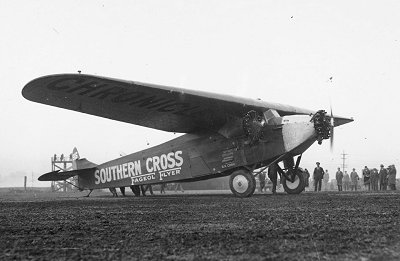 Smithy's Fokker F.VII/3m named Southern Cross about to leave Oakland to begin the first flight across the Pacific Ocean.