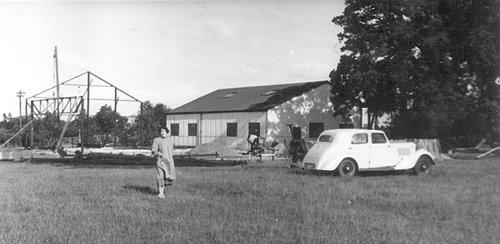 The framework of the second hangar under construction behind the first.