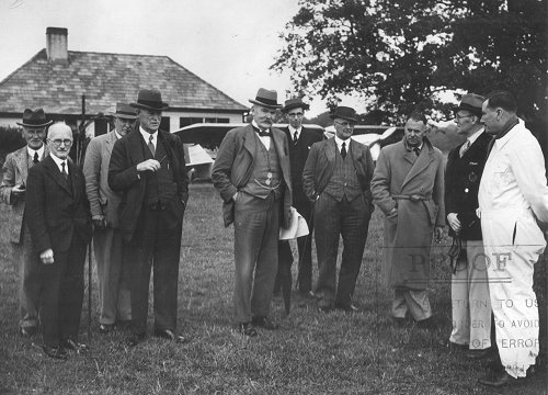 The London Green Belt Committee visited Denham aerodrome on 8 September 1938. Myles Bickerton is second from right.