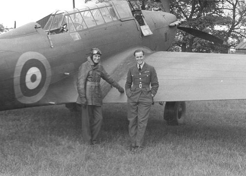 Michael Robinson flew the Battle into Denham, seen here with Sir John Holder in flying gear.