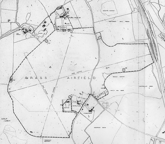 The RAF expanded the airfield in 1941 with the annexation of the field to the East, the closure of Tilehouse Lane, the building of four blister hangars and the annexation of Halings House and its grounds to the North.