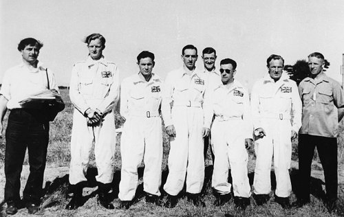 The British team for the Second World Parachute Championship in France, Dumbo Willans, Arthur Harrison, Tommy Moloney, Norman Hoffman, Alf Card, Timber Woods, Doddy Hay and Danny Sutton. Doddy Hay was also to test ejection seats for Martin Baker as recorded in his book