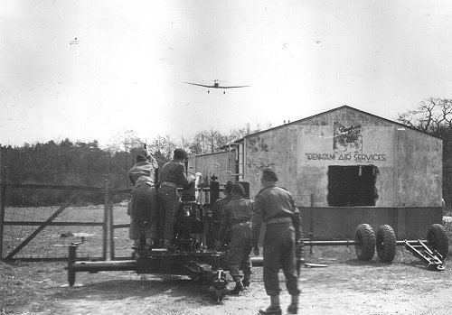 The local Territorial Army Royal Artillery Anti-Aircraft Unit exercised at Denham, tracking the aircraft with their Bofors 40mm Anti-Aircraft Guns.