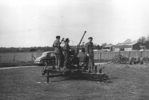 The local Territorial Army Royal Artillery Anti-Aircraft Unit exercised at Denham, tracking the aircraft with their Bofors 40mm Anti-Aircraft Guns.