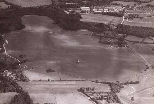 Denham Aerodrome in 1955 looking east. The cricket pitch can be clearly seen in the north-east corner.