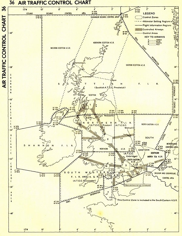 A UK Air Traffic Control Chart from 1951. Note area 5, the London Control Zone at the junction of the new airways.