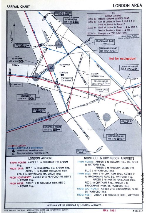 A United States Air Force Arrival Chart for the London Area created in May 1951, showing a close up of the expanded London Control Zone.