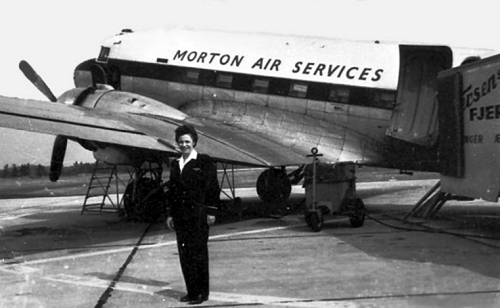 Yvonne at Bilund in Denmark with one of Morton's Dakotas.