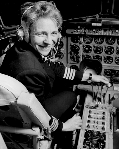 Yvonne in the cockpit of a Dan-Air HS 748 as captain.