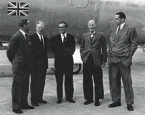 The de Havilland Team on 9 January 1962, test pilot and wartime night fighter ace John Cunningham, de Havilland Propellers Managing Director Harry Sturgeon, de Havilland Executive Director and Chief Engineer J P Phil Smith, Chairman Sir Geoffrey de Havilland, and de Havilland Chief Designer and Technical Director, Charles T Wilkins, all in front of an aircraft which had just made its first flight and was the product of their combined genius, the de Havilland dH.121 Trident.