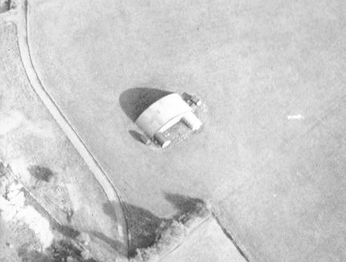 An aerial view of the blister hangar showing the shed adapted to house Nellie the digger.