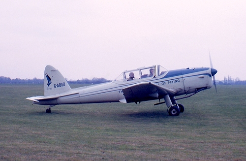 de Havilland dHC-1 Chipmunk G-AOSO of the London School of Flying at Denham in April 1963. This was one of several aircraft from the Derby Aviation fleet that formed the Denham School of Flying.