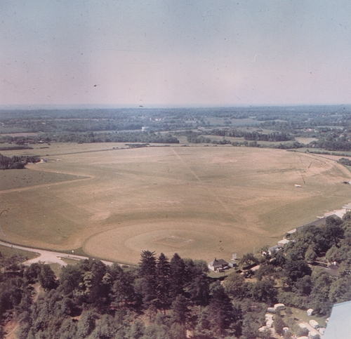 Looking south west across Denham Aerodrome in 1963, the line of the new flarepath can be seen following the longest length across the airfield.