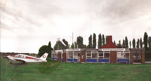 A hand tinted picture of the new Gregory School of Flying with its first Piper PA-28-140 Cherokee, G-ATBN, and de Havilland dH.82a Tiger Moth, G-AMTK, parked outside.