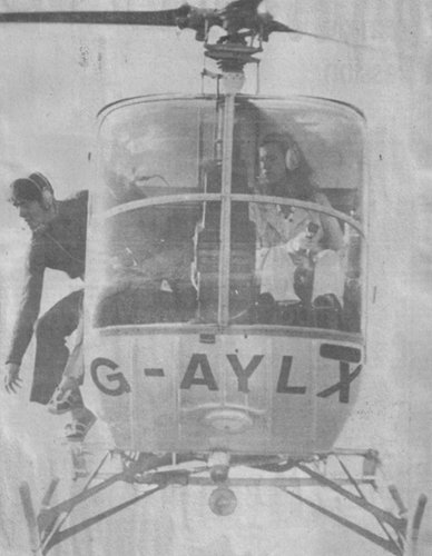 Aside from the more varied work, Gay Absalom also enjoyed competition flying while with Air Gregory. Here, she takes part in a flour bombing contest at Denham in 1974 with helicopter engineer Archie Mackenzie.