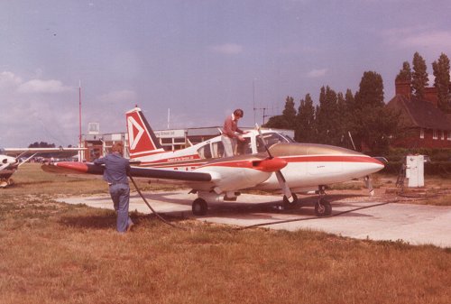 With the Denham Air Taxi Services Ltd name the only change to its colour scheme, Piper PA-23 Aztec G-AZYU is refuelled at the south side pump at Denham.