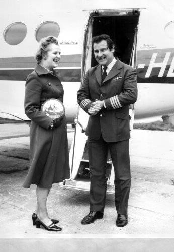 One of the visitors to Denham in 1977 was Margaret Thatcher, then leader of the Conservative Party in opposition. She is seen here with Captain David Ward, chief pilot for United Biscuits.