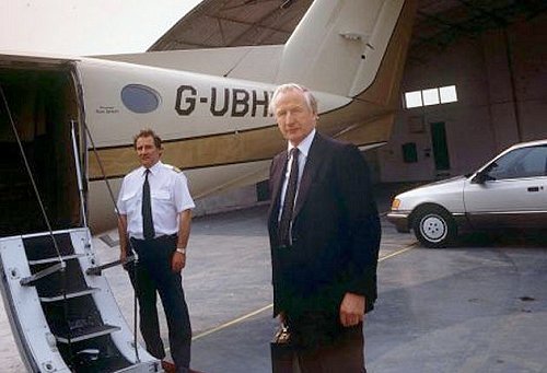 Hector Laing, seen here boarding a United Biscuits aircraft at Denham in 1978, was knighted in the Queen's New Years Honours list for his services to exports.