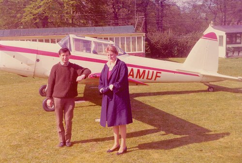 Owen Cubitt with aerodrome owner Beatrice Paul and Chipmunk G-AMUF, owned by Peter Bubiere and John Glanville seen in May 1975.