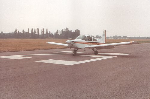 The Gulfstream School of Flying fleet was mostly Grumman aircraft, such as this AA-5 Cheetah, G-FOUX, seen at Denham in 1983.
