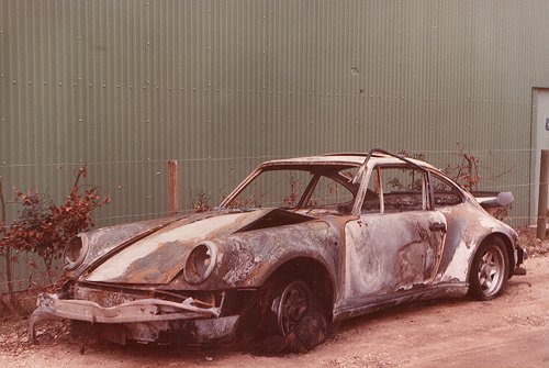 This Porsche was dumped by thieves then burnt out on Hangar Road.
