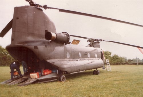 The crew and band members show the sheer scale of the Chinook. The crews came fully equipped to operate without support, hence the step-ladder to reach the upper areas of the aircraft.