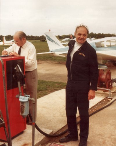 Sam Baker, senior Duty Officer, at the fuel pump. Seen here with Frank Quick, CFI of the Lapwing Flying Group.