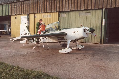 Brian Lecomber with his Jaguar sponsored single seat Extra 230, a new resident at Denham in 1987.