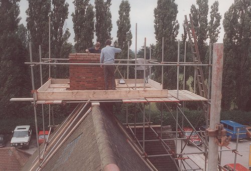 Scaffolding was erected to allow the repair of the brick chimneys at Biggles' restaurant.