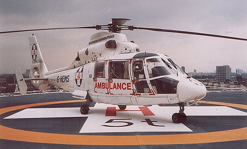The Aerospatiale AS.365 Dauphin G-HEMS on its helipad on the roof of the London Hospital.