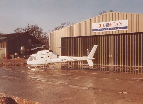 A European Helicopters customer's AS.355 Twin Squirrel outside the new Hangar I at Denham.