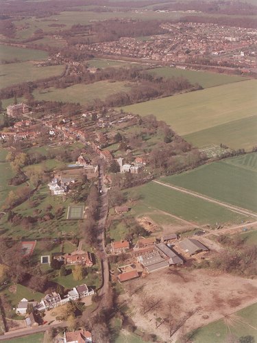 A view across Denham village towards the Aerodrome at the top shows how it was when this was taken on 18 January 1990.