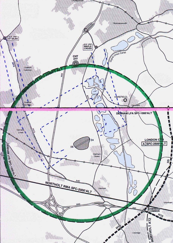 The Denham ATZ. 
The most used flight paths are the areas indicated by the blue dashed lines.