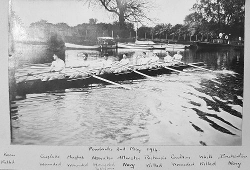 John Myles Bicketon was a member of the Pembroke College 2nd boat in the coxed eights. Only two of the nine young men in this picture were to escape the First World War physically unscathed. They were to carry the mental effects of the war for the rest of their lives.